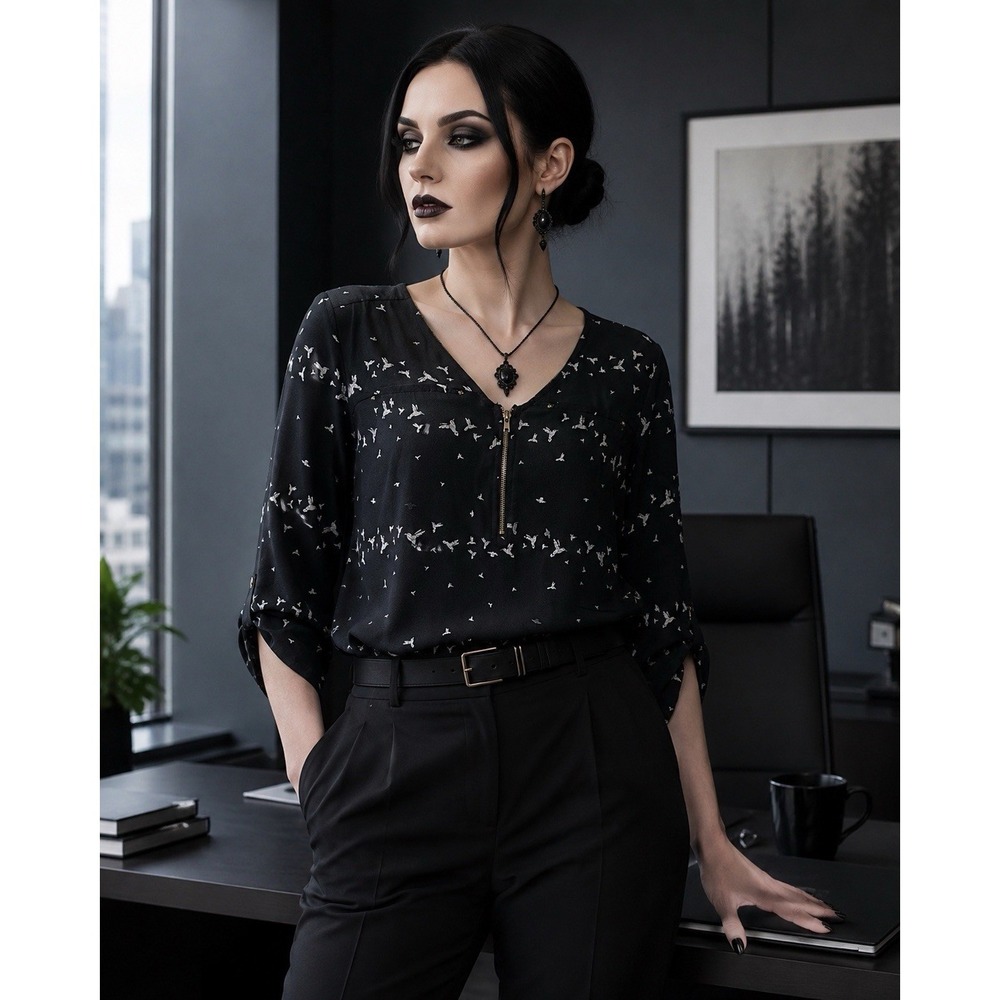 Tempted Corp Goth Tunic Sz L Zipper Neck 3/4 Sleeve Academia Work Wear Twee Bird